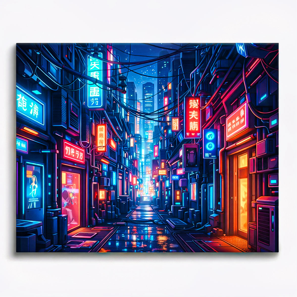anime cyberpunk neon tech alley with glowing signs cables and futuristic storefront lights paint by numbers design