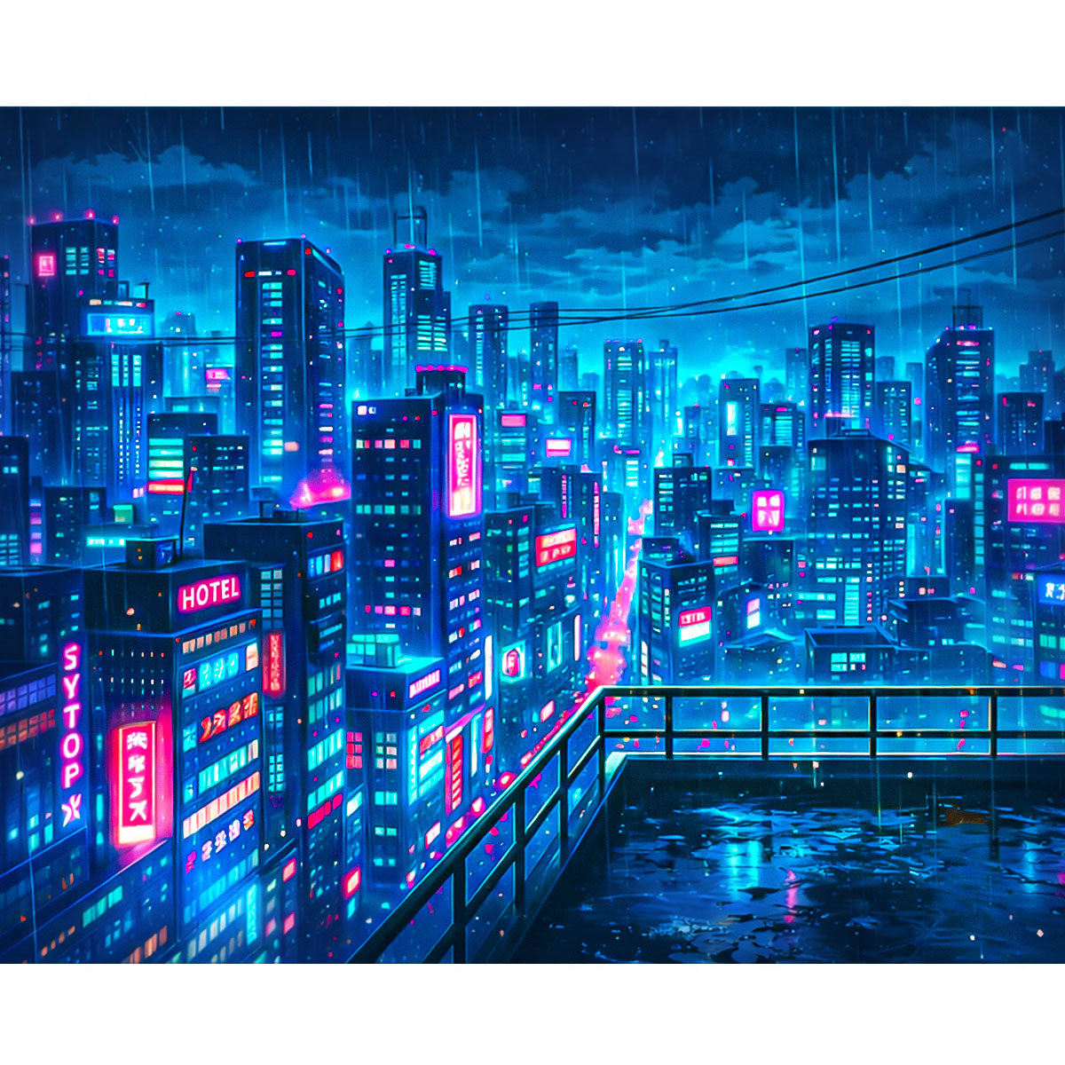 Rainy Neon Rooftop View Cyberpunk Paint by Numbers Kit