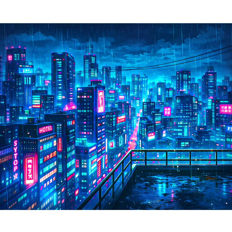 Rainy Neon Rooftop View Cyberpunk Paint by Numbers Kit-zoom-