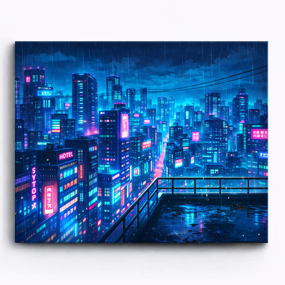 anime cyberpunk rainy rooftop overlooking neon city skyline at night with glowing signs futuristic paint by numbers design