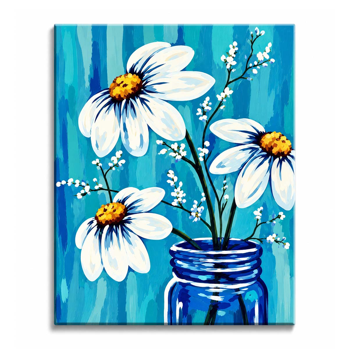 Against a turquoise background, white daisies rise from a blue glass jar in a paint by numbers design with dark stems and delicate white sprigs.