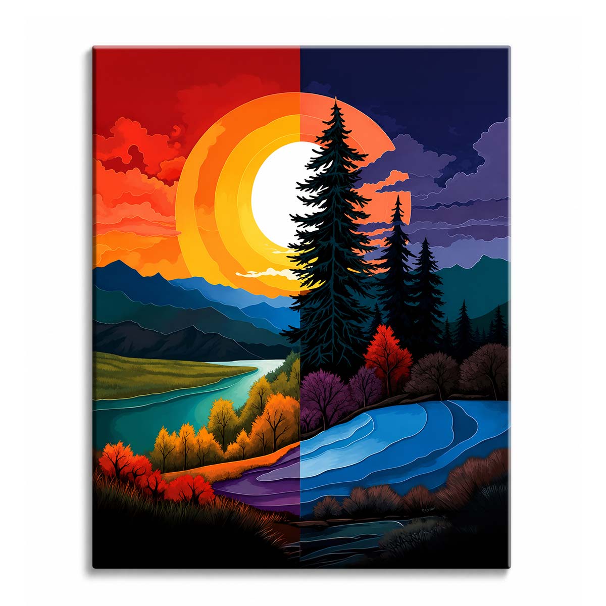 A landscape split down the middle, sunset with a golden sun on one side and dark night with pines on the other, shown as a paint by numbers canvas.
