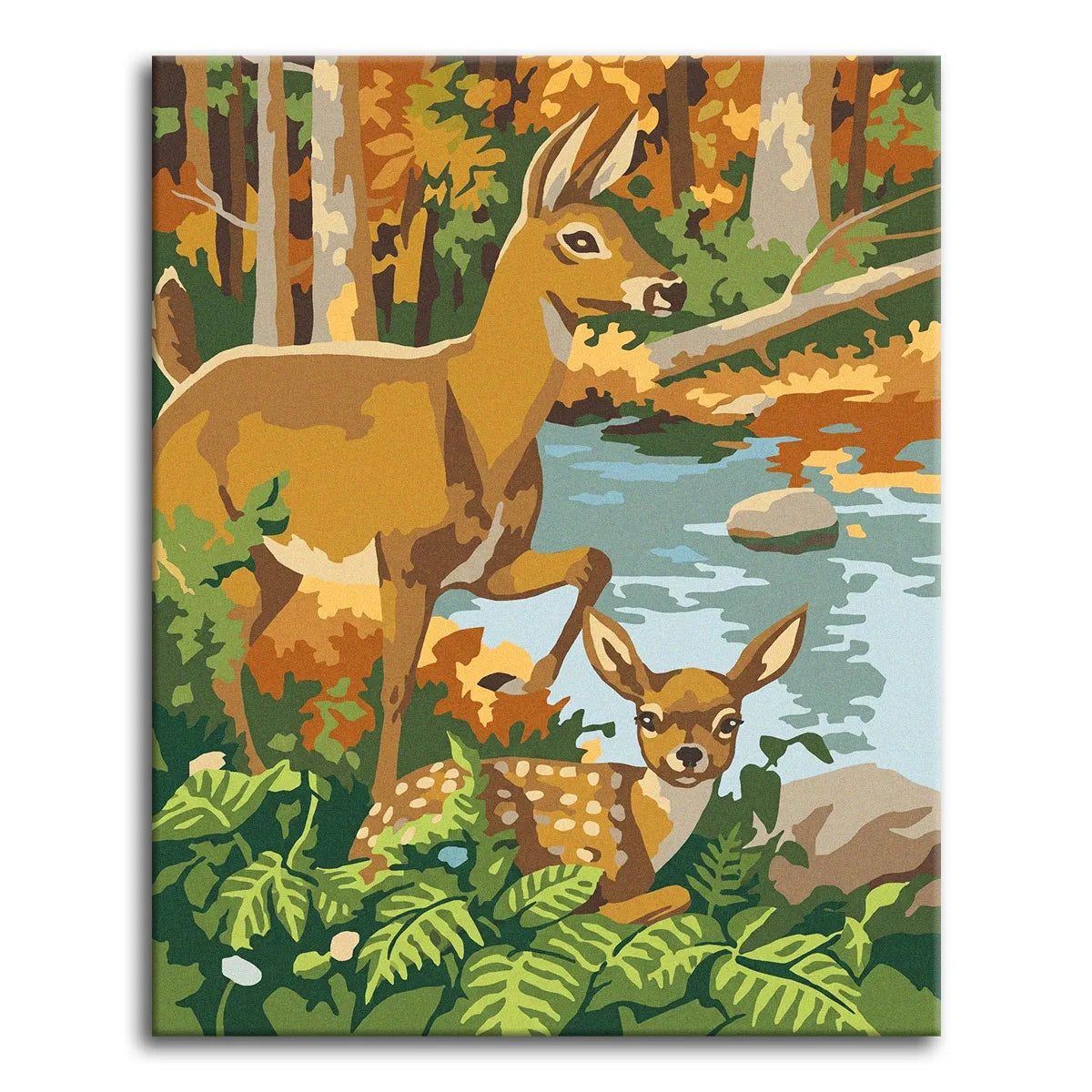 A flat, graphic vintage paint by numbers scene of a deer and her spotted fawn beside a woodland stream, surrounded by autumn trees and green foreground leaves.