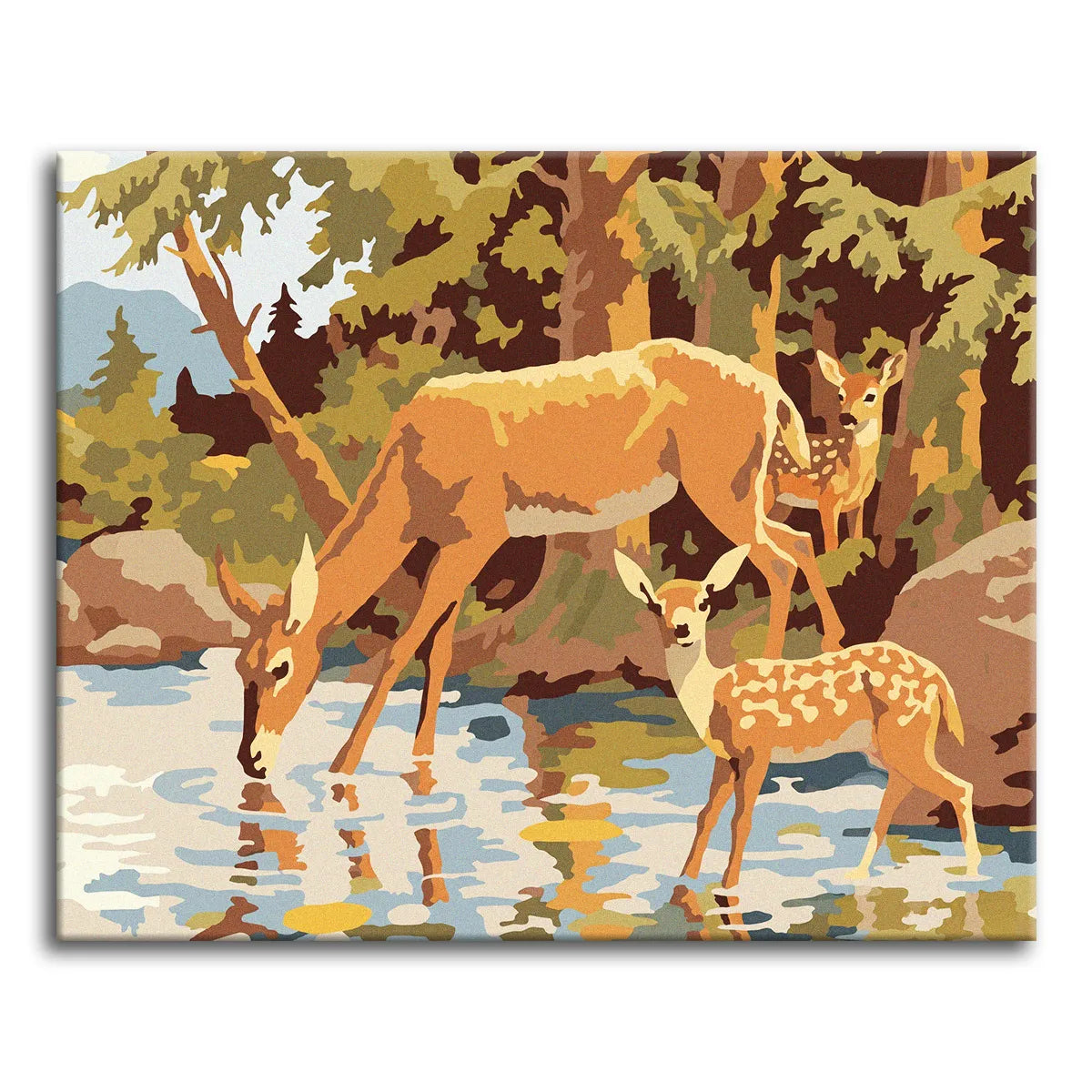 A paint by numbers scene of a doe drinking at a forest stream with two spotted fawns and tall trees behind.