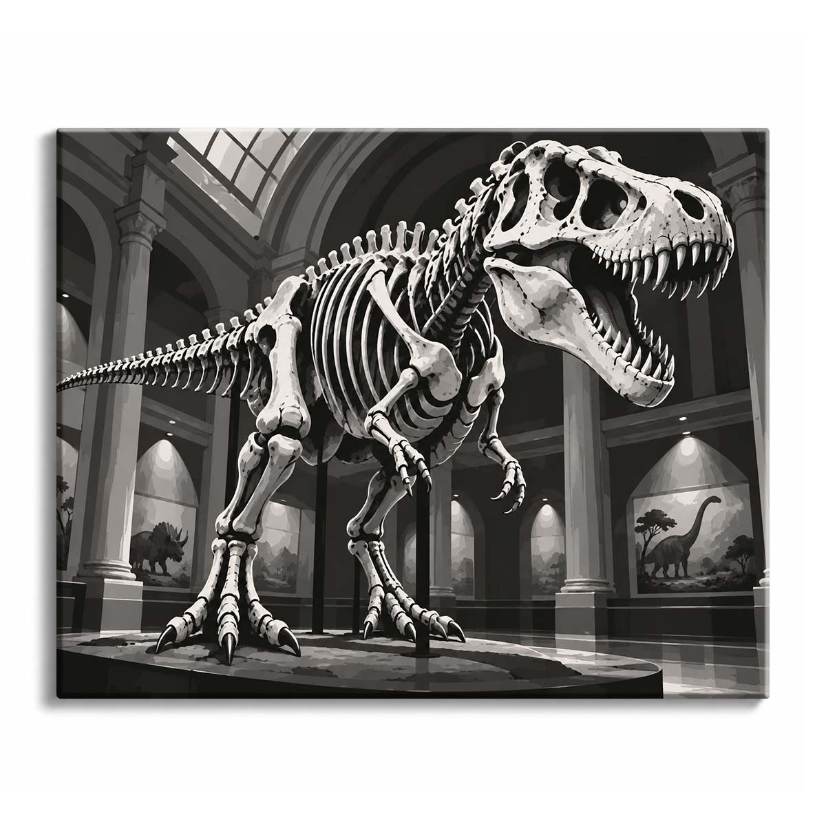 A T. rex skeleton with open jaws and spread claws on a low plinth beneath arched museum windows, in a black and white dinosaur skeleton paint by numbers design of pale bone and deep shadow.