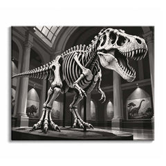 A T. rex skeleton with open jaws and spread claws on a low plinth beneath arched museum windows, in a black and white dinosaur skeleton paint by numbers design of pale bone and deep shadow.