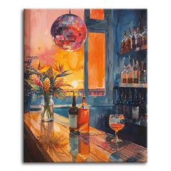 A bold watercolor-style paint by numbers scene of a bar at sunset with a hanging disco ball, a vase of tropical flowers, bottles and a glass on a wooden counter, and warm orange light through a window.
