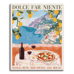 A paint by numbers canvas in poster style showing an Amalfi coast view with lemon branches, a seaside table with pizza and wine, and Italian lettering.