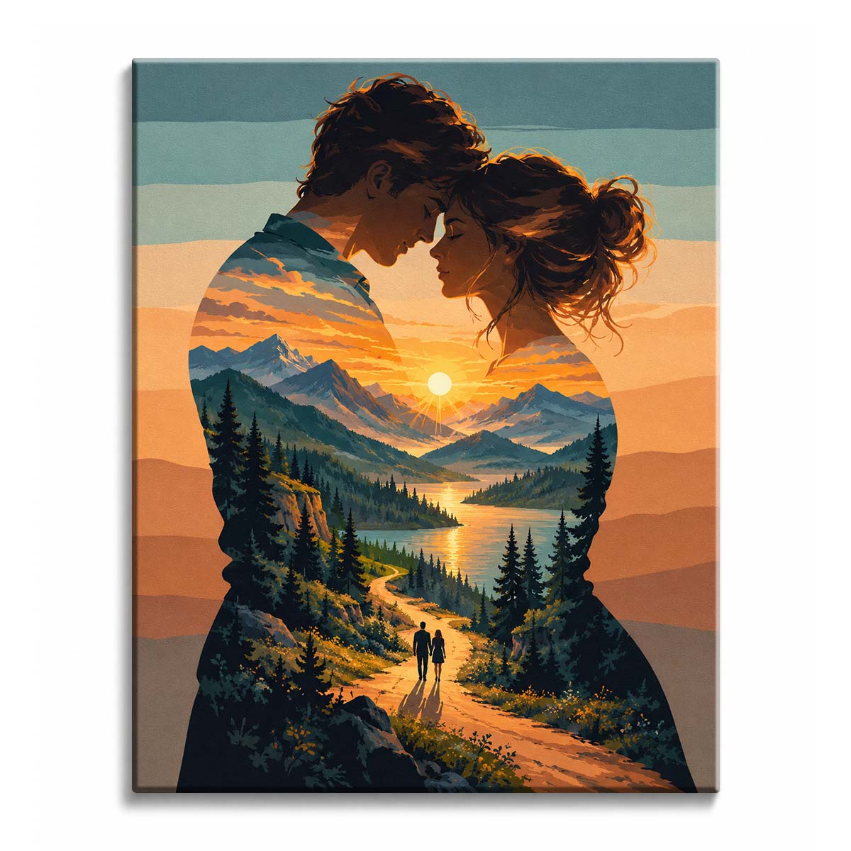 A double exposure couple paint by numbers design shows two close profiles filled with a pine forest, reflective lake, winding trail, and setting sun between mountain peaks.