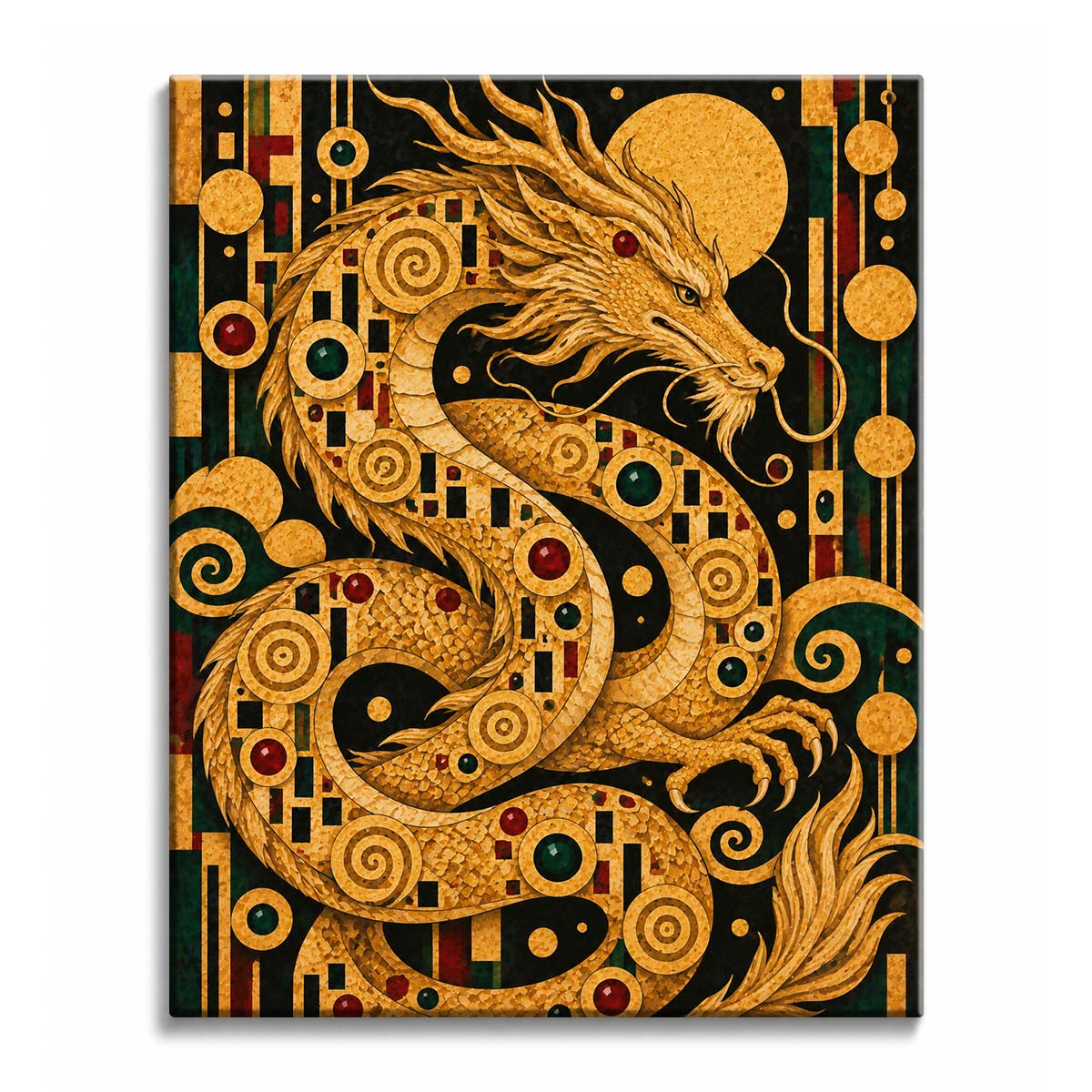 A golden dragon coils through Klimt-style mosaic beneath a full moon, scales and mane in layered gold, in a paint by numbers design.