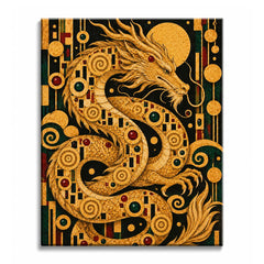 A golden dragon coils through Klimt-style mosaic beneath a full moon, scales and mane in layered gold, in a paint by numbers design.