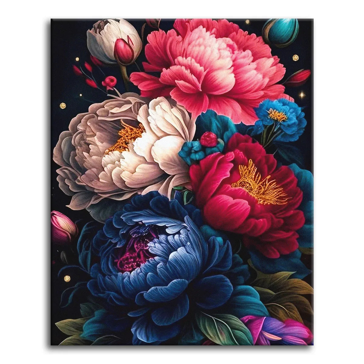 Oversized crimson, blush, and deep blue peonies with golden centers glowing against a near-black background, shown as a paint by numbers canvas.