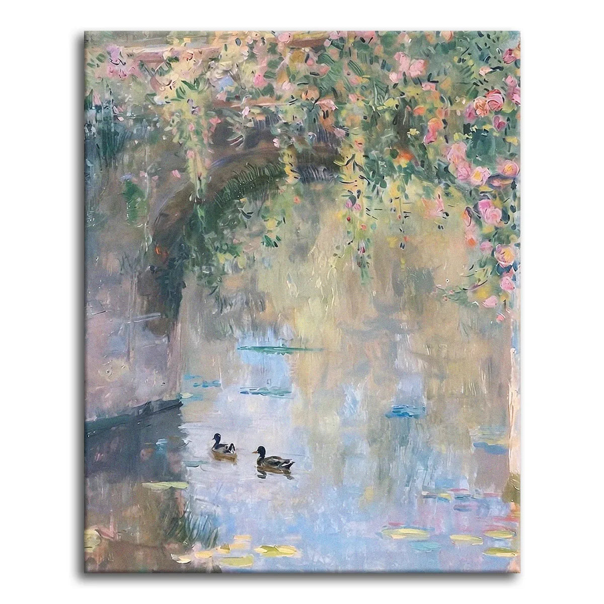 A paint by numbers Impressionist pond with two ducks under a stone bridge draped in cascading pink roses.