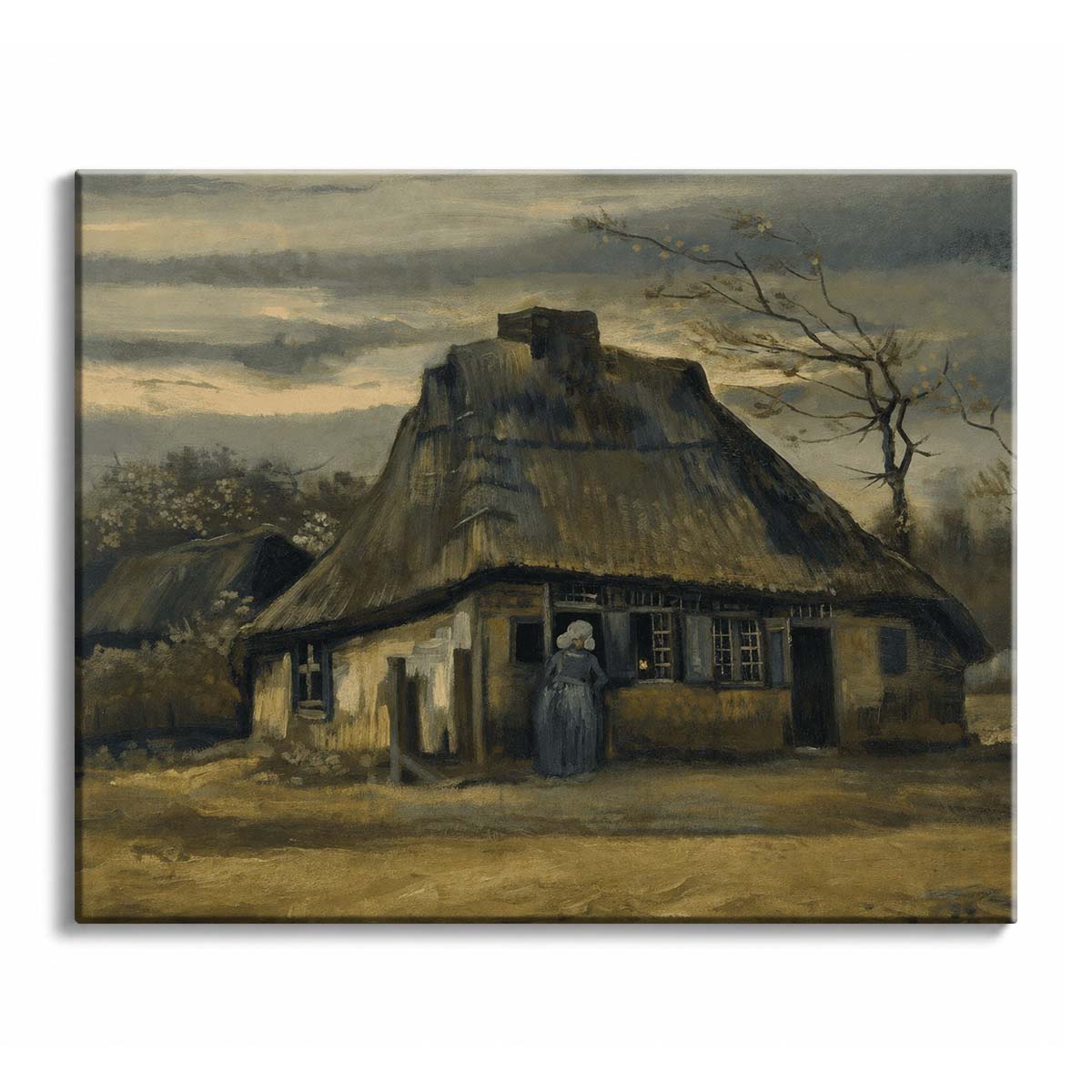 Evening light falls behind a thatched Dutch cottage where a woman stands at the door, in a paint by numbers design.