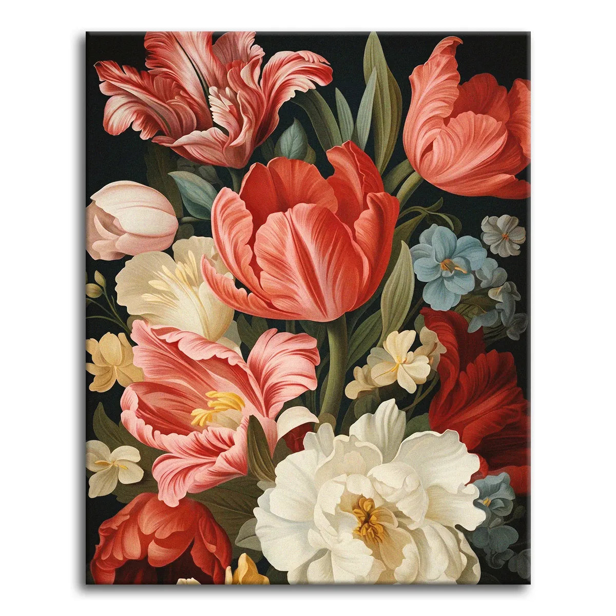 Lush pink and red tulips with a white peony and blue blooms against a dark background in classic Dutch still-life style, shown as a paint by numbers canvas.