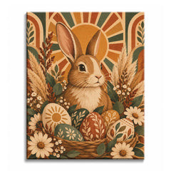 An Easter bunny paint by numbers design showing a brown rabbit behind patterned eggs, daisies, pampas grass, leafy stems, and a warm sunburst backdrop.