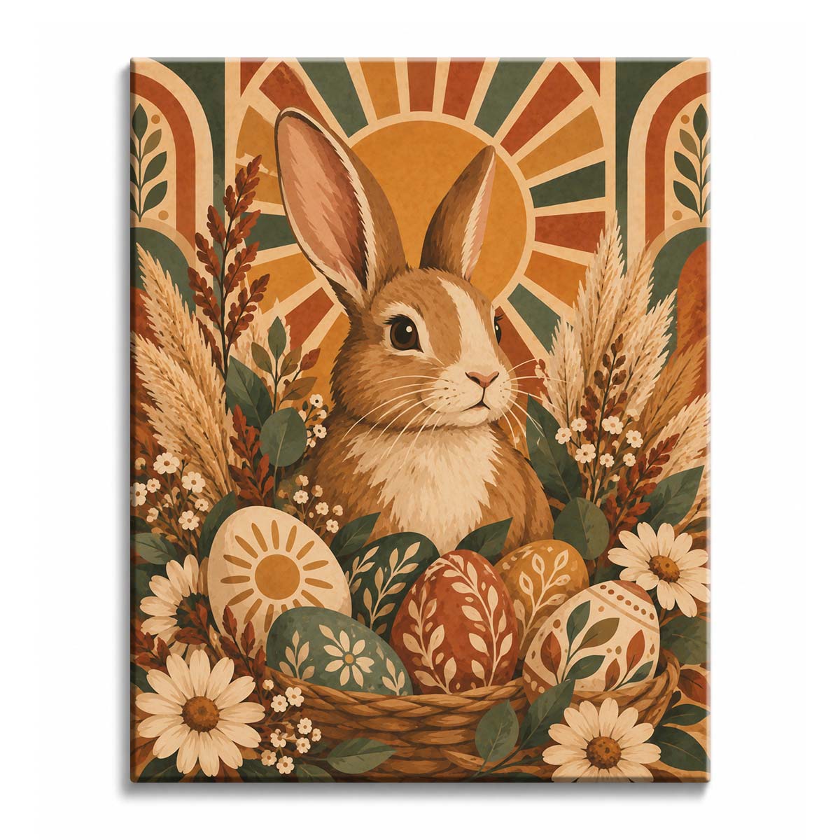 An Easter bunny paint by numbers design showing a brown rabbit behind patterned eggs, daisies, pampas grass, leafy stems, and a warm sunburst backdrop.