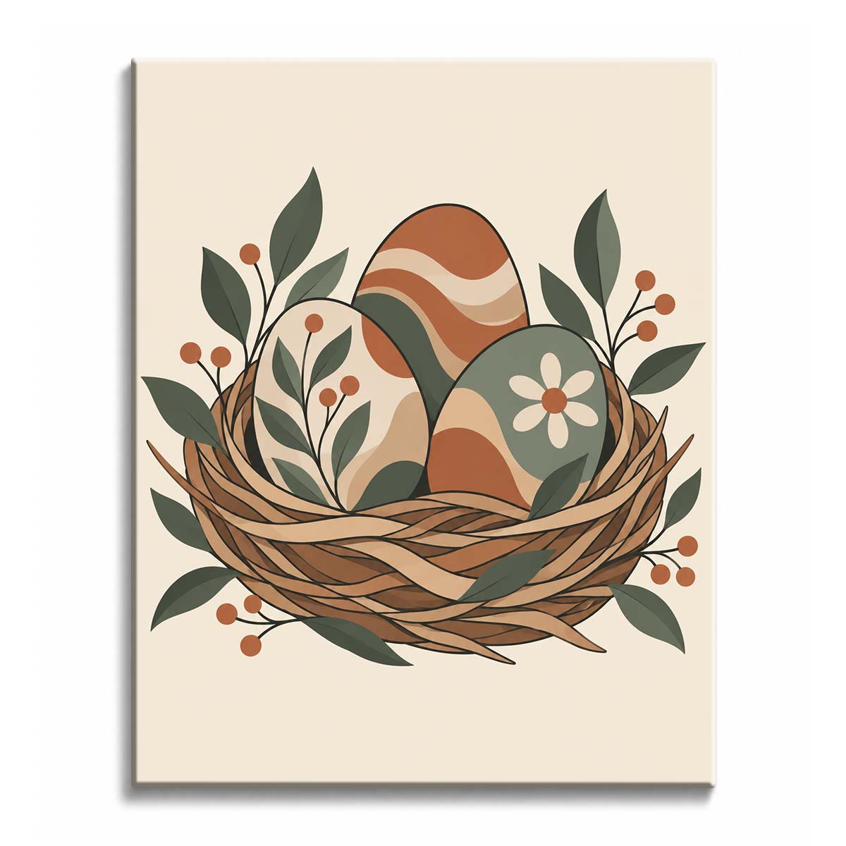 A woven twig nest holds eggs painted with wavy stripes, a daisy and leaf sprigs, an Easter egg nest paint by numbers design with sage leaves and berries.