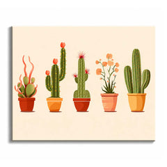 A cactus paint by numbers design showing five potted plants in a row, some in flower, against a plain cream background.