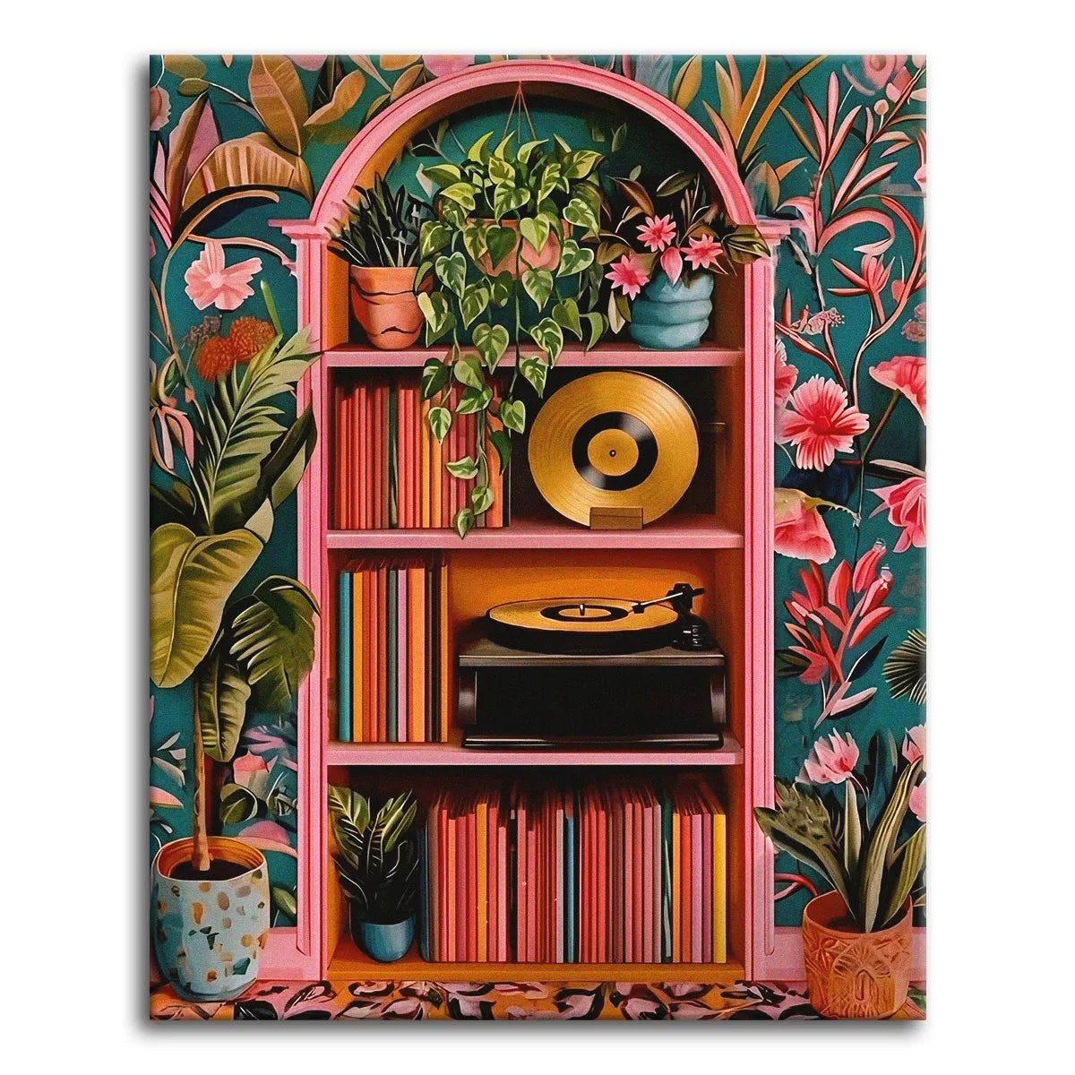 A bold, flat-style paint by numbers scene of a pink arched shelf holding a turntable, a gold record, and rows of colorful books and vinyl, surrounded by trailing houseplants against lush floral wallpaper.