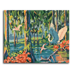 A paint by numbers cypress swamp with a white egret spreading its wings, two birds in flight, Spanish moss, and orange azaleas.