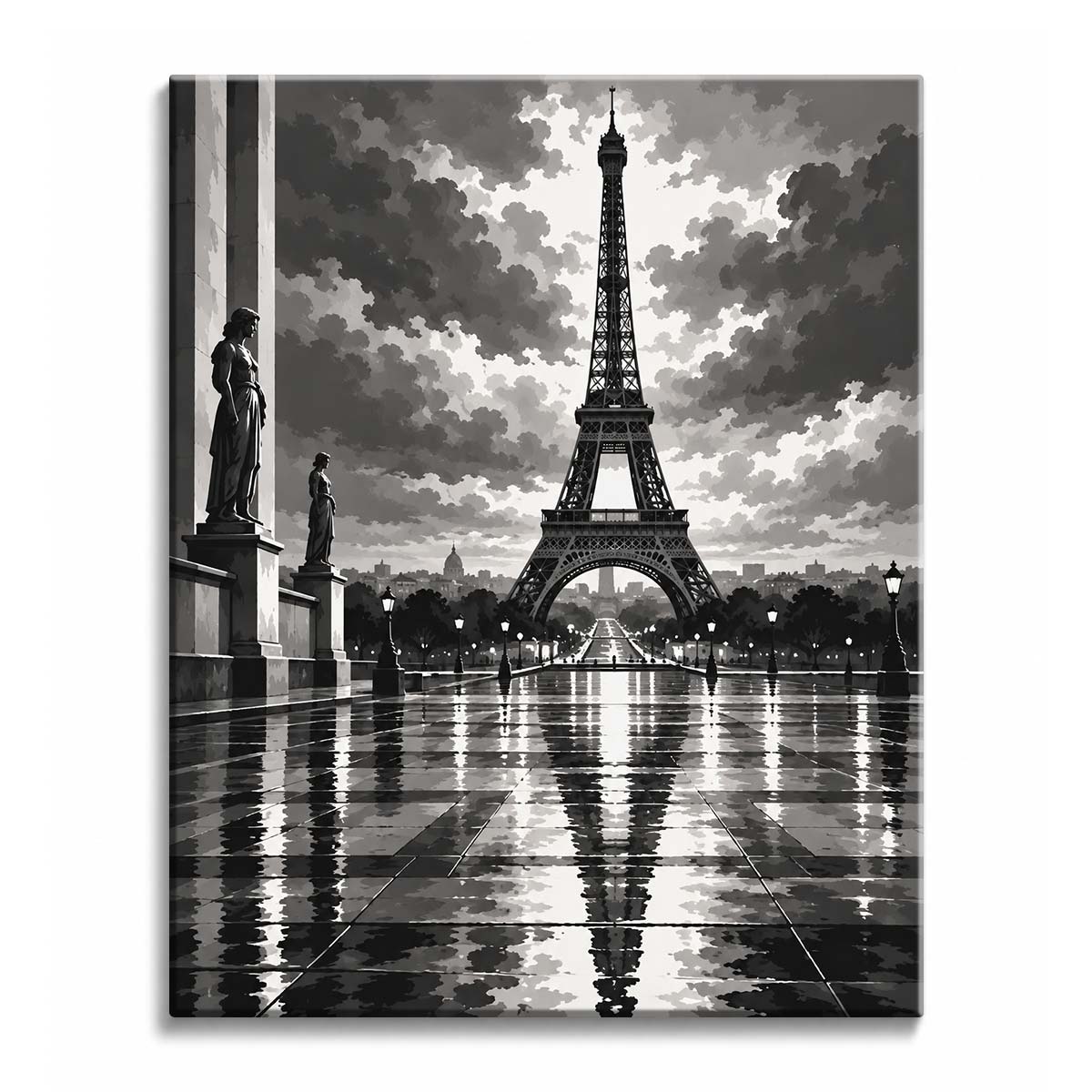A black and white Eiffel Tower paint by numbers design showing the tower at the end of a wet plaza, reflected in the paving, with statues at the left and heavy clouds above.