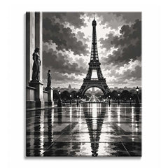 A black and white Eiffel Tower paint by numbers design showing the tower at the end of a wet plaza, reflected in the paving, with statues at the left and heavy clouds above.