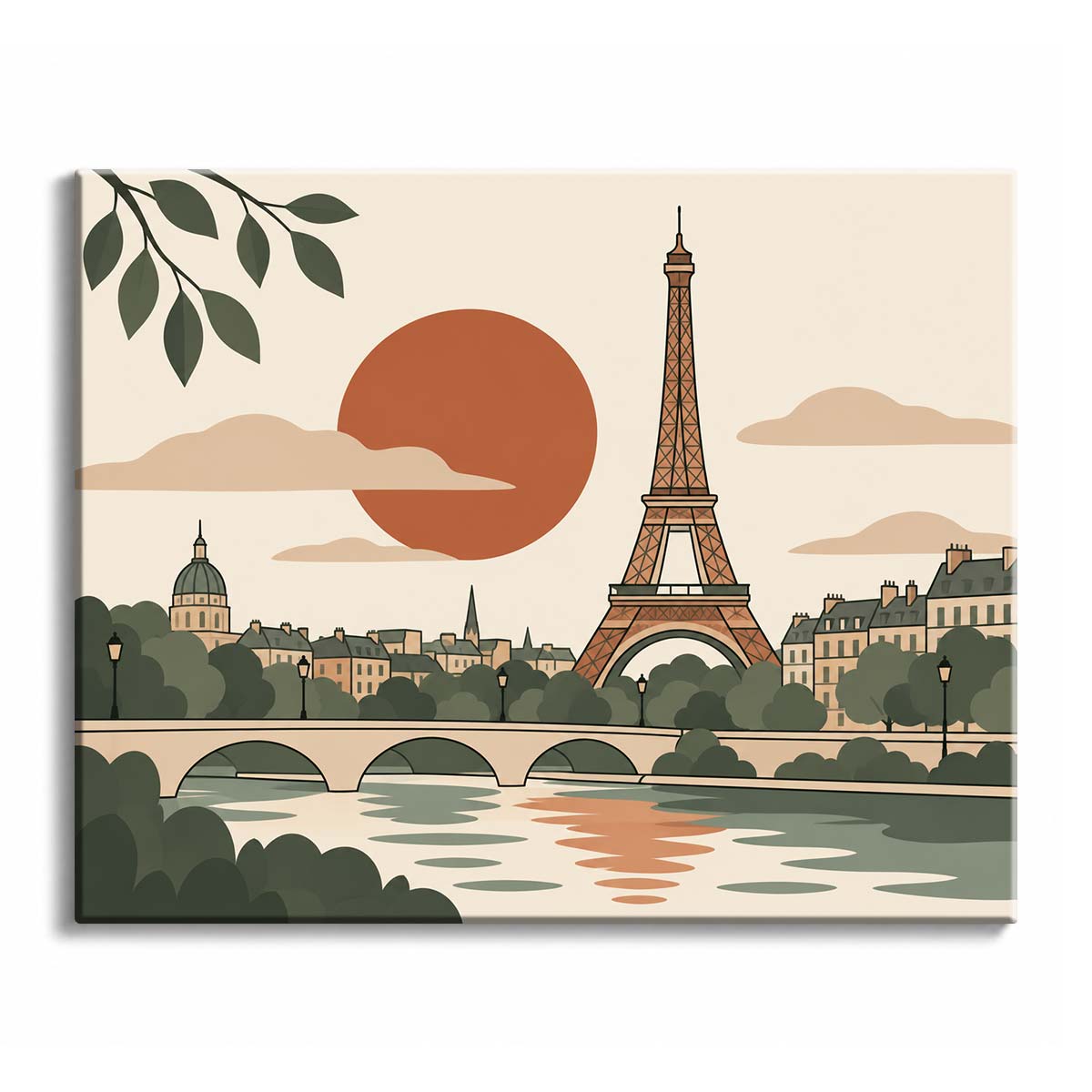 A rust sunset glows behind an Eiffel Tower paint by numbers design with a river bridge, Paris skyline, and flat olive trees.