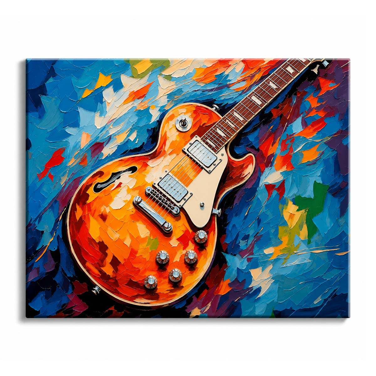 An electric guitar paint by numbers design showing an orange guitar against a heavily textured blue, red, and purple painted background.