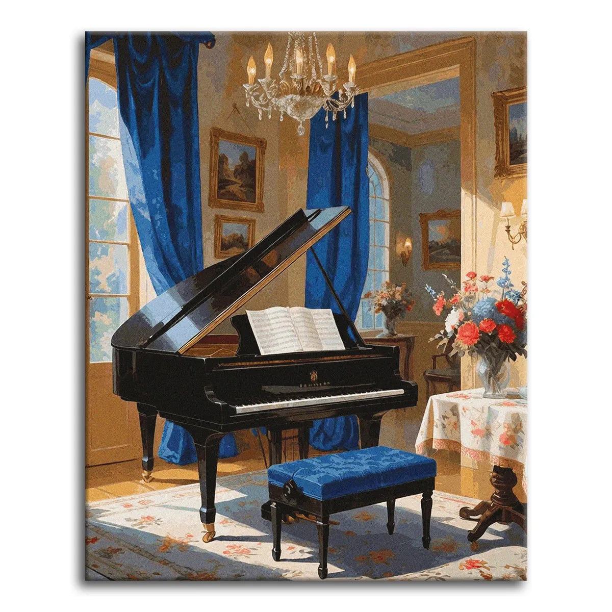 A warm vintage paint by numbers interior of a grand black piano in an elegant period room with a crystal chandelier, blue drapery, framed paintings, floral bouquets, and a patterned rug.