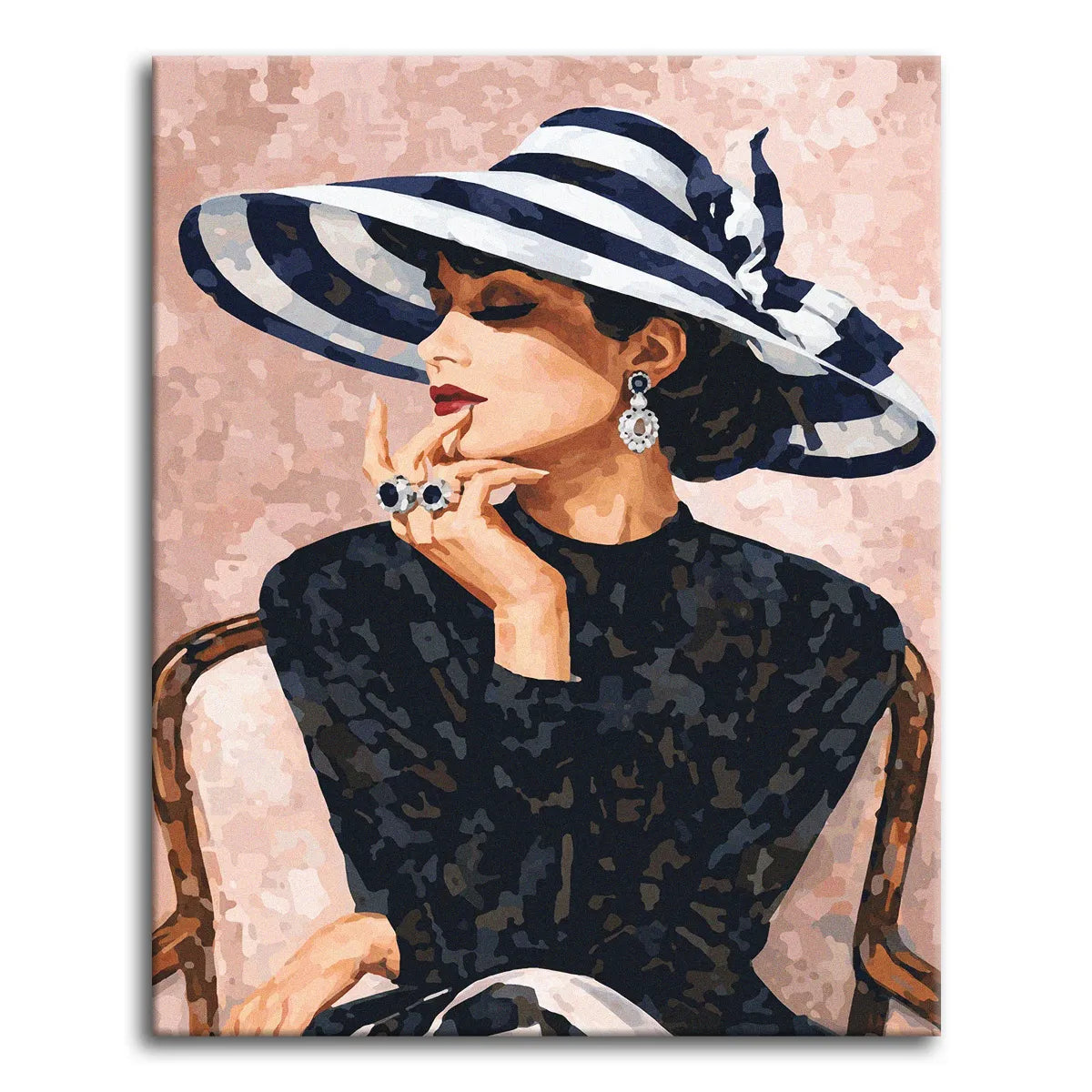 A polished vintage fashion portrait paint by numbers of an elegant woman in a wide black-and-white striped sunhat, dressed in black with bold jewelry and red lips, against a soft blush background.