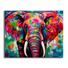 An elephant paint by numbers design showing the head in blocks of pink, teal, lime and orange, with paint drips running down a turquoise background.