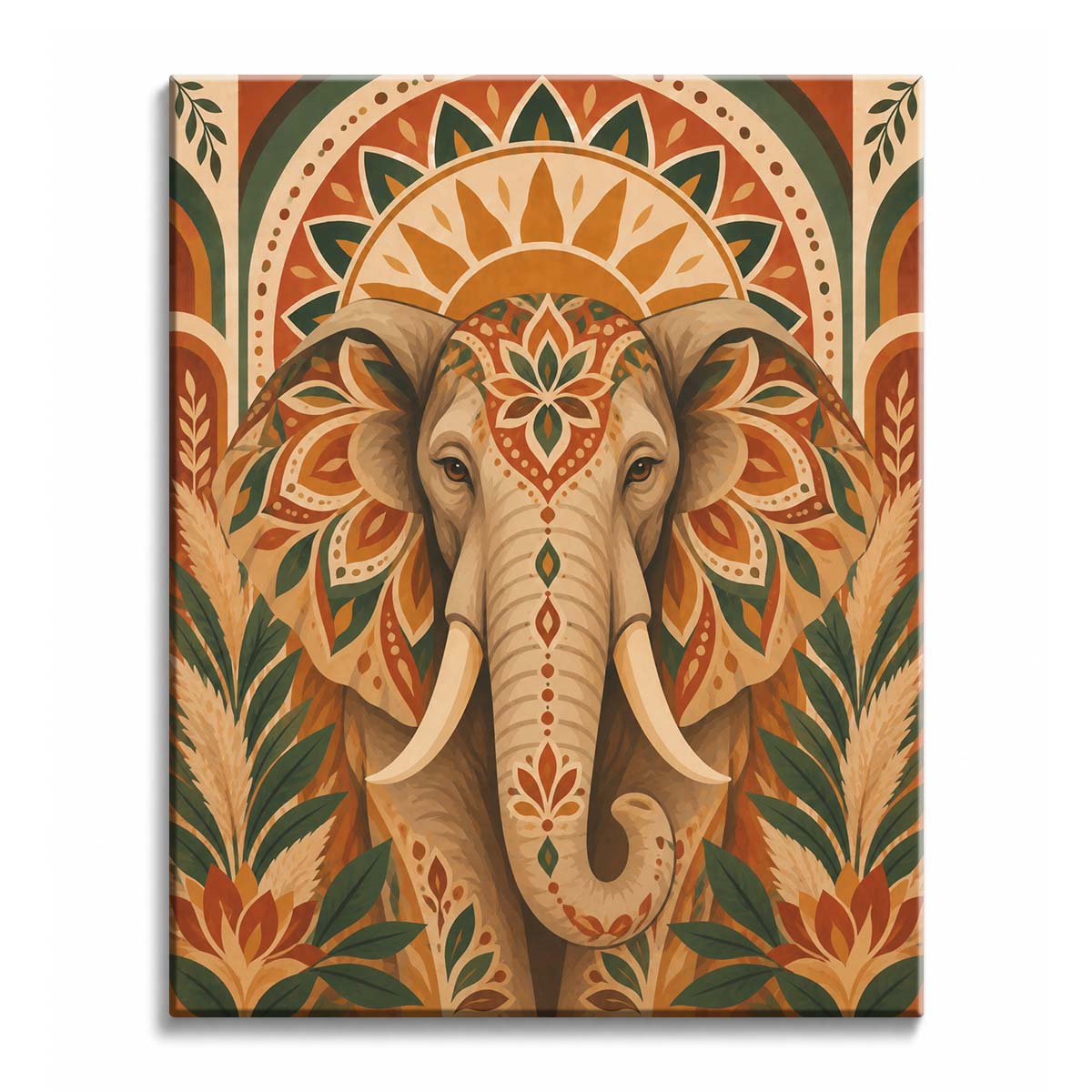 Floral motifs spread across an elephant's broad ears and curling trunk in a paint by numbers design featuring a circular golden sunburst, terracotta arches, and dark green leaves.