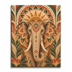 Floral motifs spread across an elephant's broad ears and curling trunk in a paint by numbers design featuring a circular golden sunburst, terracotta arches, and dark green leaves.
