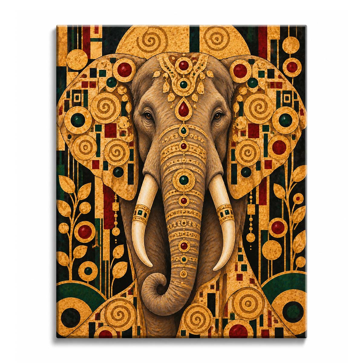 An elephant paint by numbers design showing a jeweled elephant facing forward, framed by Klimt-style gold spirals and mosaic on black.