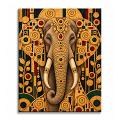 An elephant paint by numbers design showing a jeweled elephant facing forward, framed by Klimt-style gold spirals and mosaic on black.