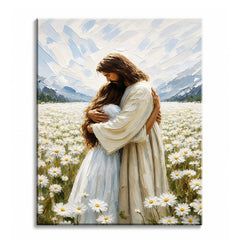 A paint by numbers canvas in textured impasto style of Jesus embracing a young woman in a daisy field, with soft mountains and a bright sky behind them.