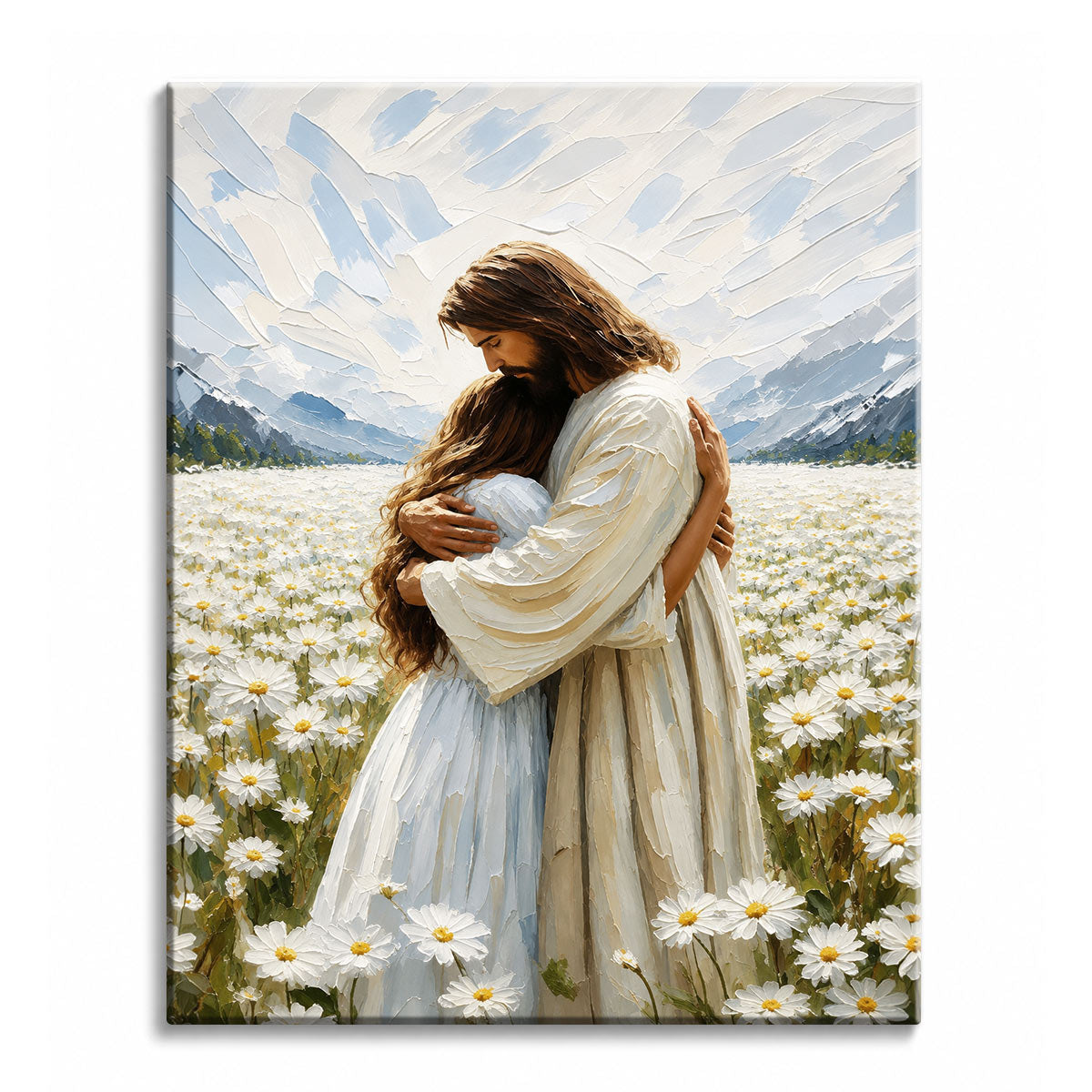 A paint by numbers canvas in textured impasto style of Jesus embracing a young woman in a daisy field, with soft mountains and a bright sky behind them.