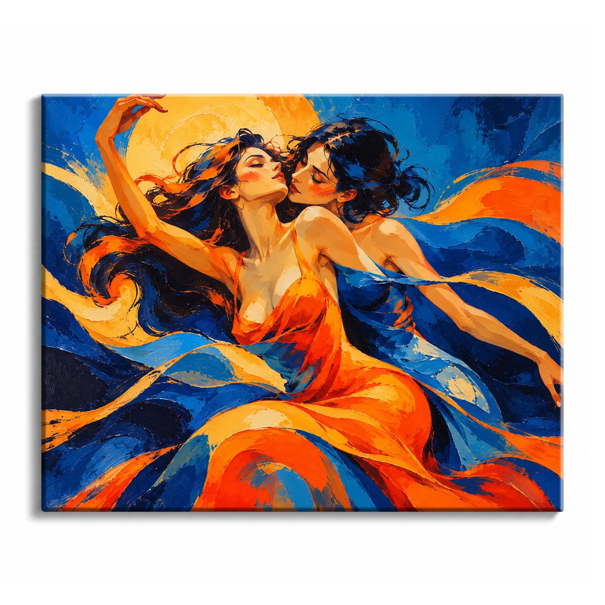 Embracing women lean close amid flowing orange and cobalt fabric, dark hair, and sweeping palette-knife strokes in a textured paint by numbers design.