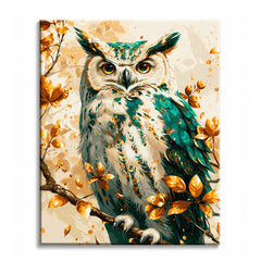 A paint by numbers canvas of an owl in emerald green and cream perched on a branch, surrounded by golden leaves on a soft ivory background.