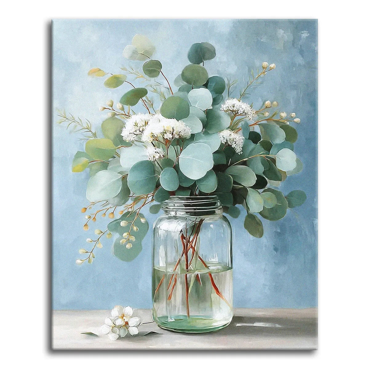 A eucalyptus bouquet with white blooms in a clear glass jar of water against a soft blue wall, shown as a paint by numbers canvas.