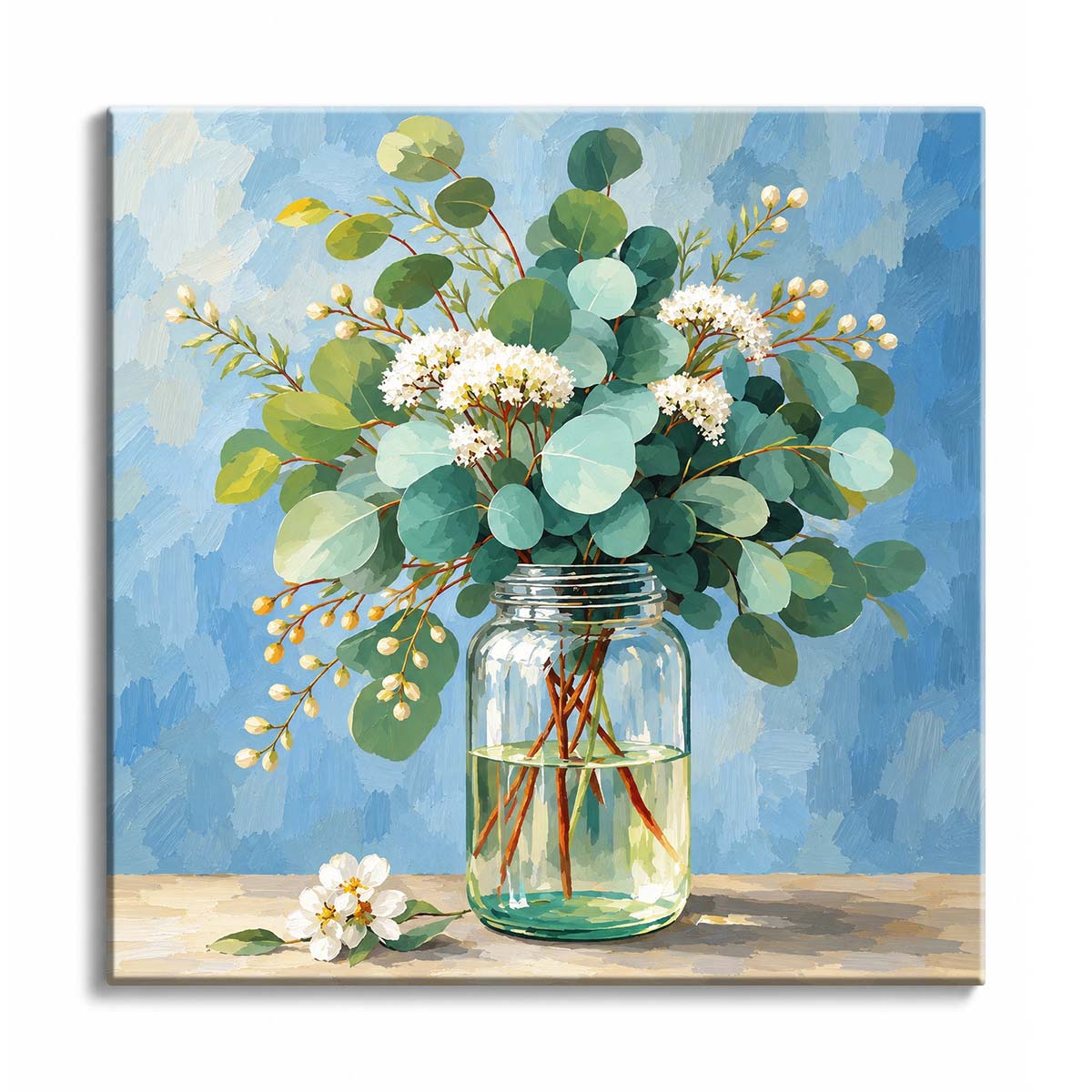 Eucalyptus branches with white blossoms arranged in a clear glass jar against a textured blue background in a mini paint by numbers design.