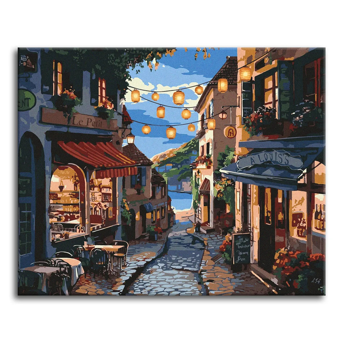 A paint by numbers canvas of a cobblestone European village street at dusk, lit by strings of paper lanterns with café awnings and glowing shop windows.
