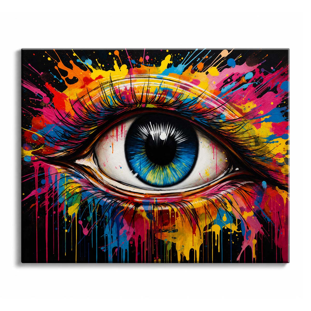 A pop art eye paint by numbers design showing a vivid blue iris surrounded by bright paint splashes, drips, and black lashes.