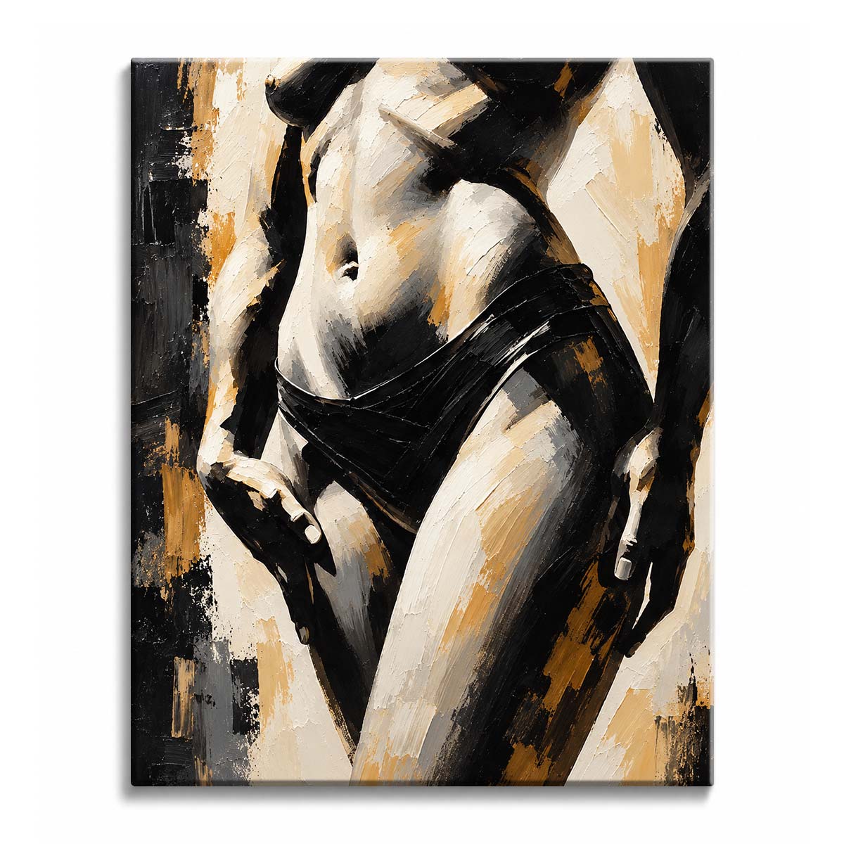 Warm gold and black strokes shape a female torso paint by numbers design with overlapping hands, pale skin, dark hip drapery, and a textured black background.