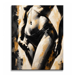 Warm gold and black strokes shape a female torso paint by numbers design with overlapping hands, pale skin, dark hip drapery, and a textured black background.