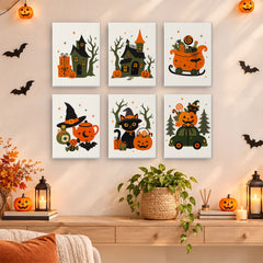 Loaded with candy and gifts, a sleigh, haunted houses, a witch's teapot, and a car carrying a jack-o'-lantern fill six retro designs, in a halloween paint by numbers mini set.