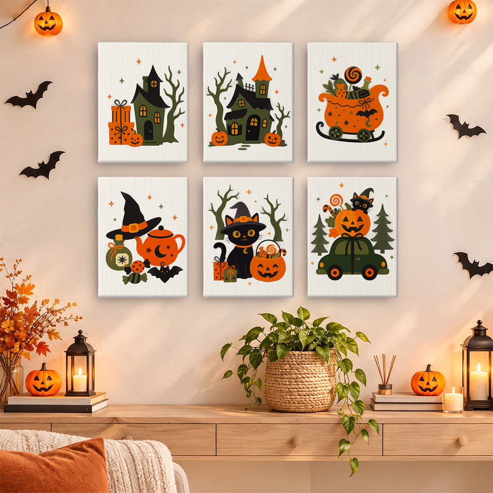 Loaded with candy and gifts, a sleigh, haunted houses, a witch's teapot, and a car carrying a jack-o'-lantern fill six retro designs, in a halloween paint by numbers mini set.