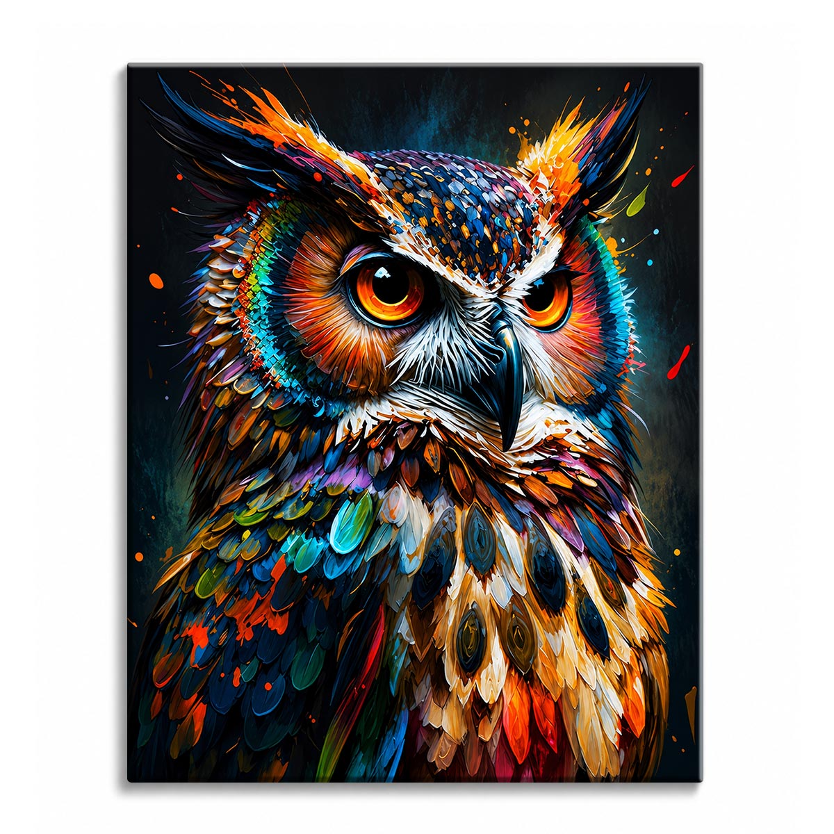 A paint by numbers canvas of a bold owl portrait with amber eyes, painted in thick impasto strokes of teal, copper, magenta, and cobalt on a dark background.