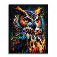 A paint by numbers canvas of a bold owl portrait with amber eyes, painted in thick impasto strokes of teal, copper, magenta, and cobalt on a dark background.